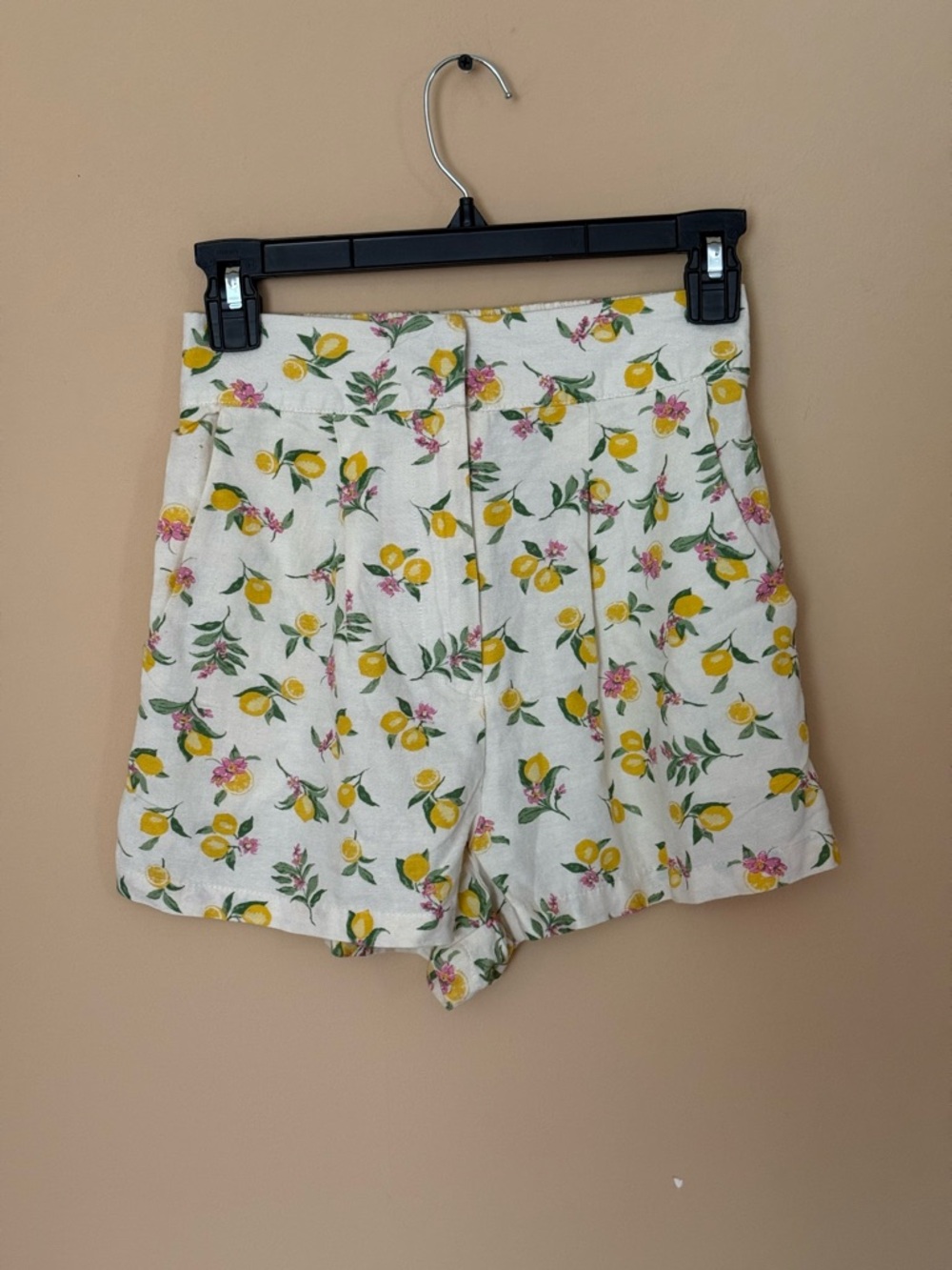 NWT MIDNIGHT SKY women XS High-Waist Lemon Print Shorts Linen Blend w pockets